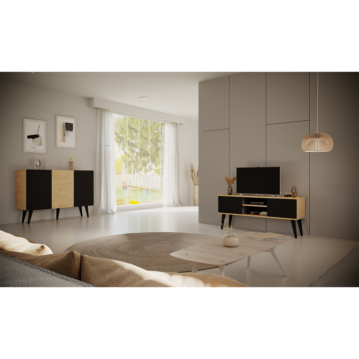 Meuble TV 120 cm Toronto - Noir et bois - vue 6