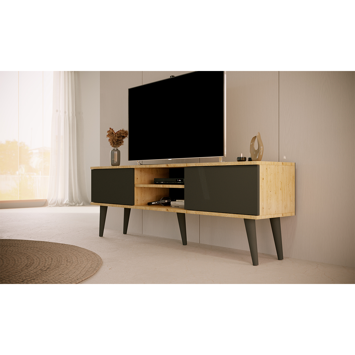 Meuble TV 160 cm Toronto - Noir et bois - vue 6