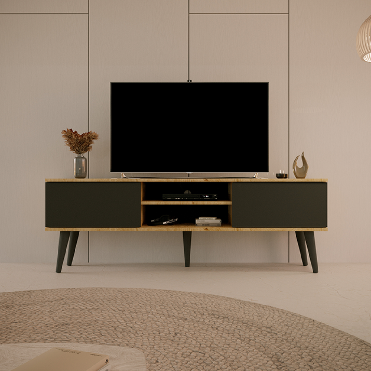 Meuble TV 160 cm Toronto - Noir et bois - vue 5