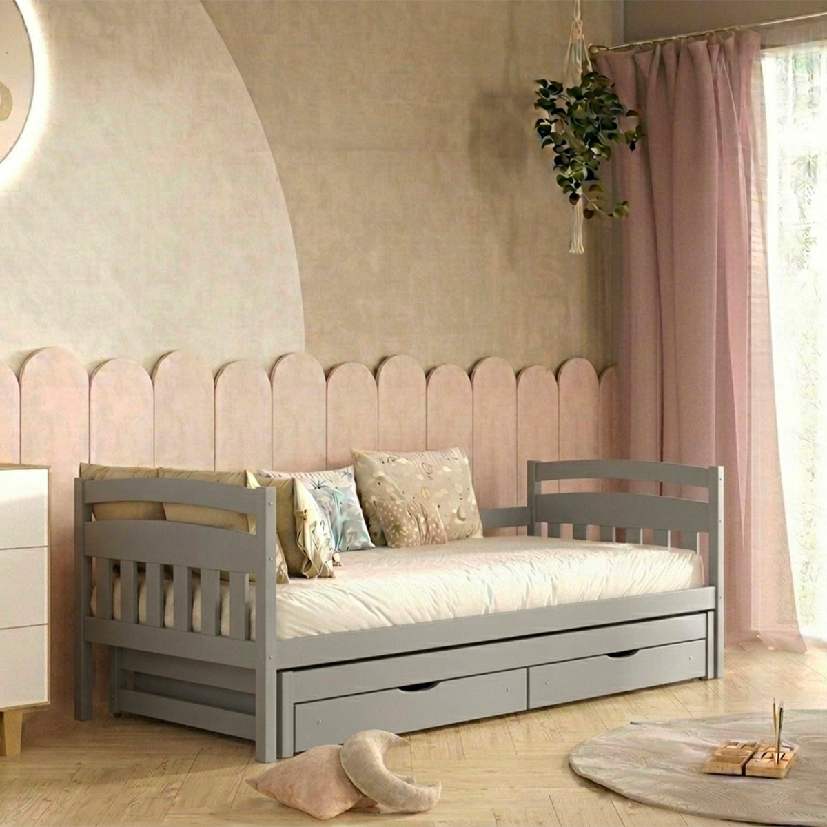 Lit gigogne 90x200 sommiers et tiroirs inclus Tosia Gris