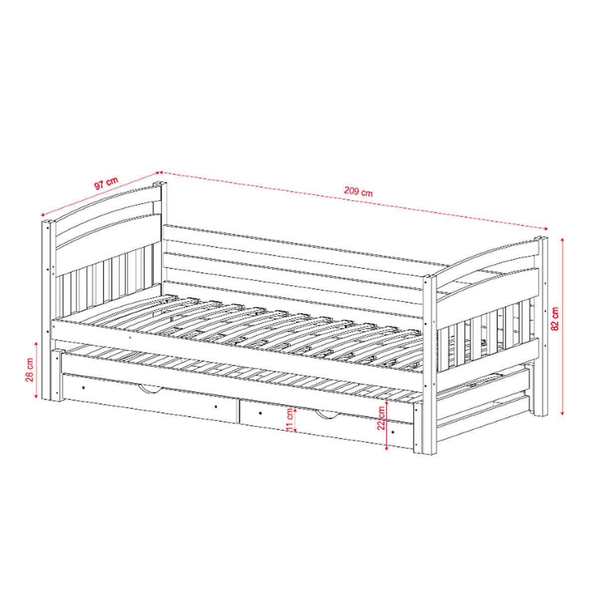 Lit gigogne 90x200 sommiers et tiroirs inclus Tosia Gris - vue 8