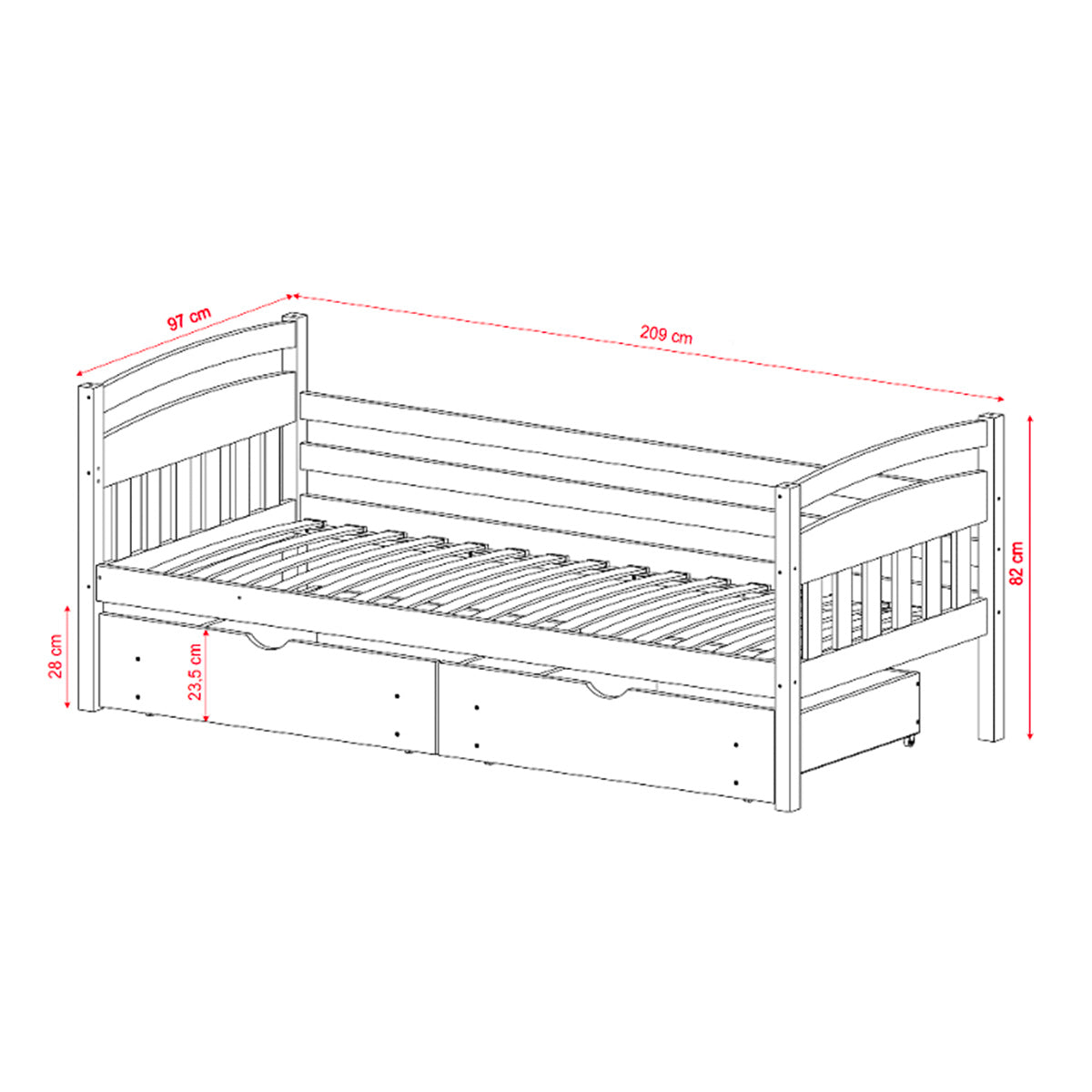 Lit 90x200 sommier et tiroirs inclus Tosia Bois - vue 8