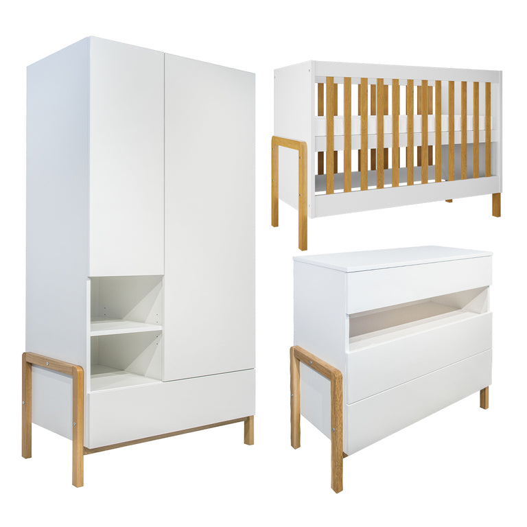 Chambre complète lit bébé 60x120 commode 3 tiroirs et armoire 2 portes Kocot Kids Victor - Blanc et Chêne - vue 2