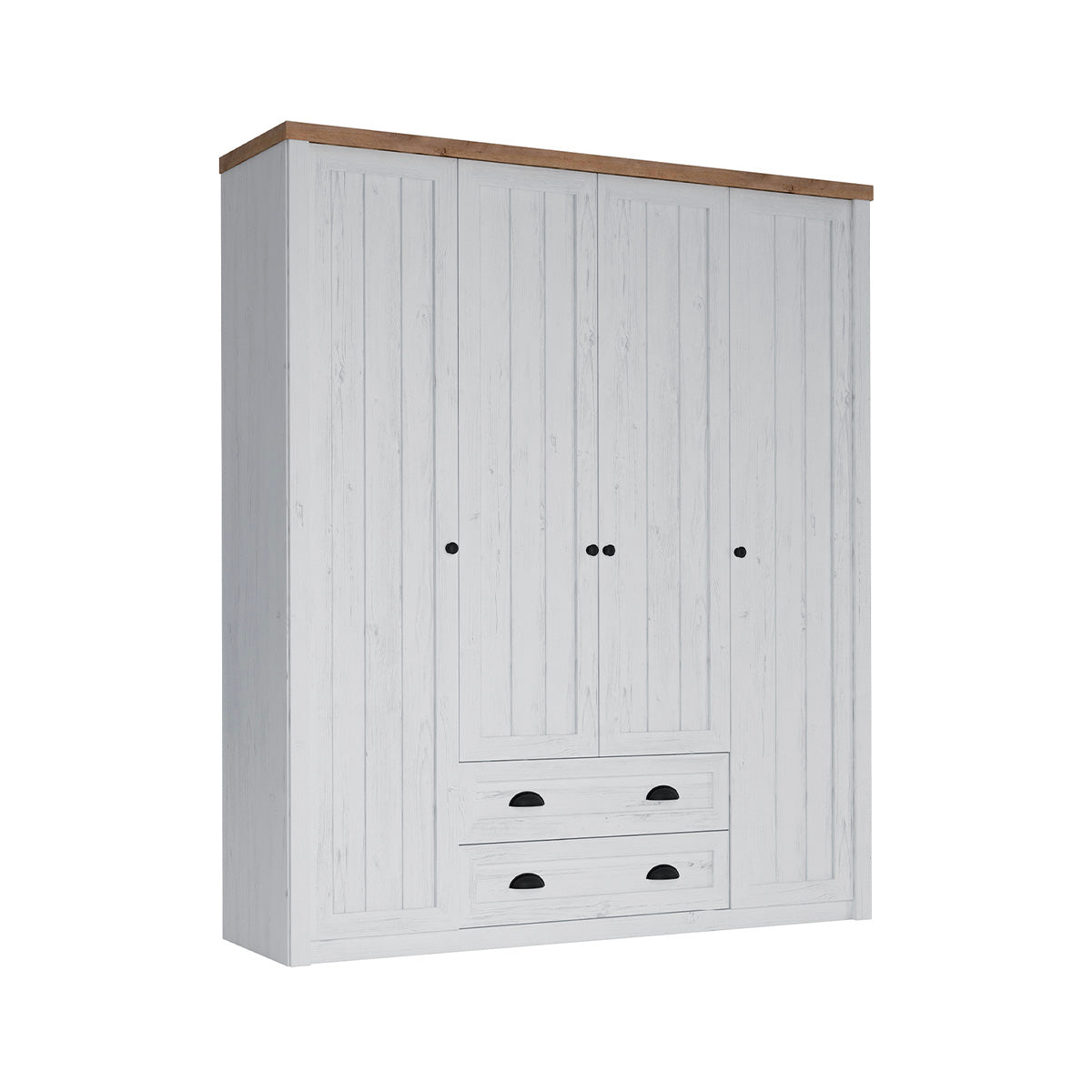 Armoire 4 portes 2 tiroirs Léandre Blanc et Bois