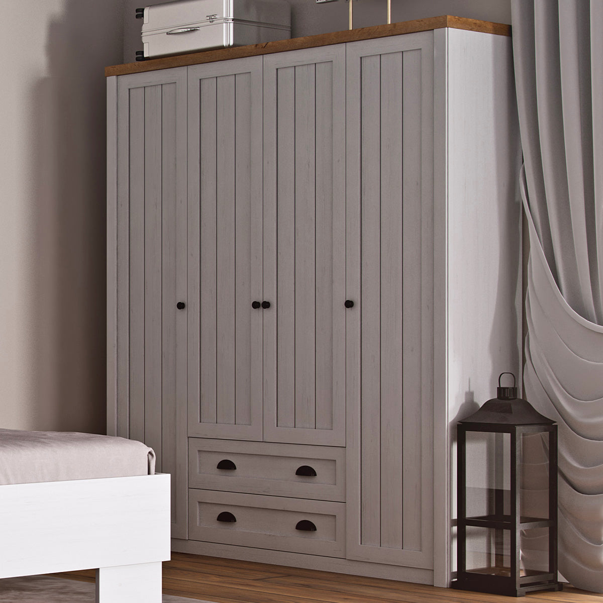 Armoire 4 portes 2 tiroirs Léandre Blanc et Bois - vue 2