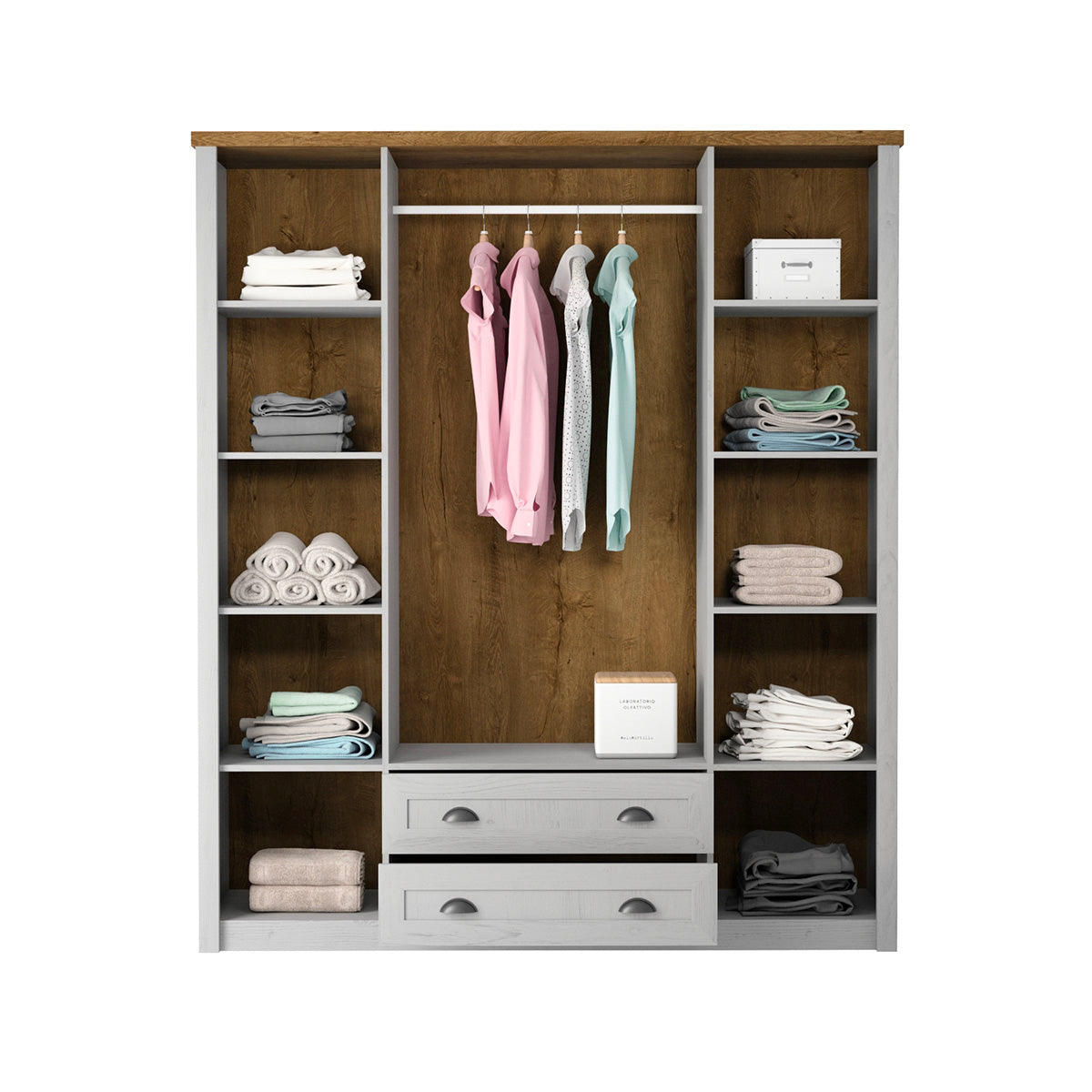 Armoire 4 portes 2 tiroirs Léandre Blanc et Bois - vue 3