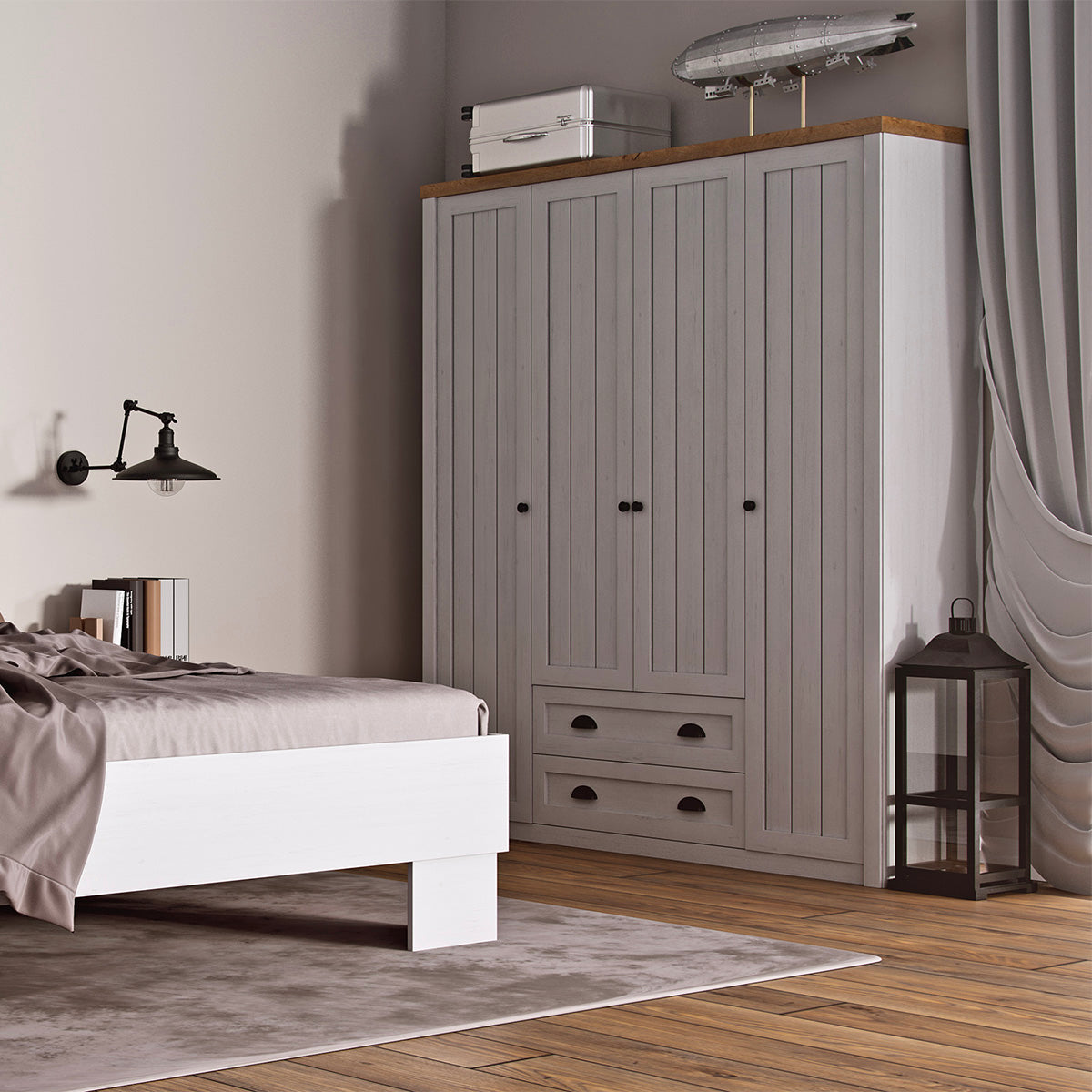 Armoire 4 portes 2 tiroirs Léandre Blanc et Bois - vue 4