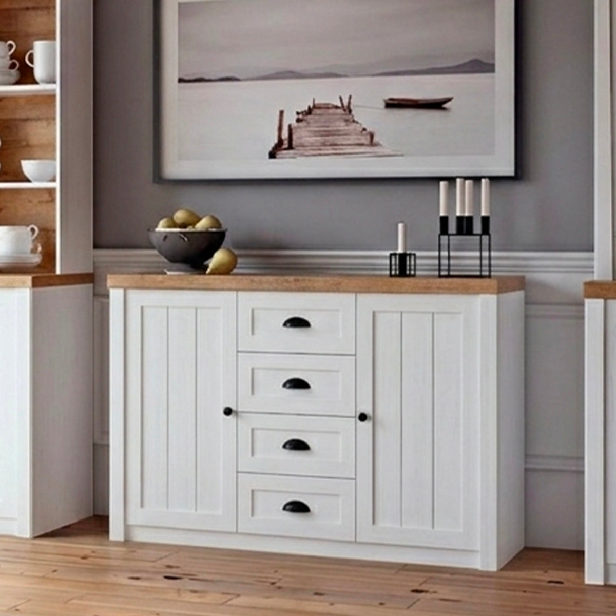 Buffet 2 portes 4 tiroirs Léandre Blanc et Bois - vue 2