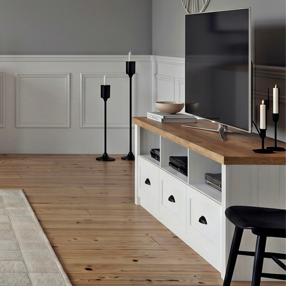 Meuble TV 3 tiroirs 158 cm Léandre Blanc et Bois - vue 2