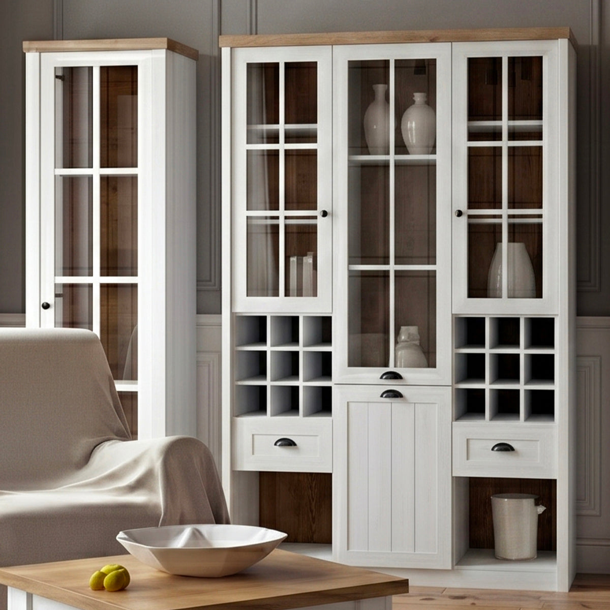 Vaisselier 2 portes 2 tiroirs 8 niches Léandre Blanc et Bois - vue 2