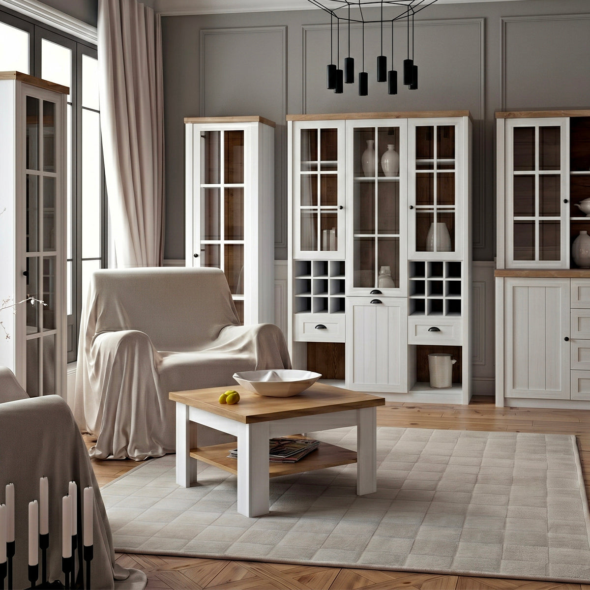 Vaisselier 2 portes 2 tiroirs 8 niches Léandre Blanc et Bois - vue 3