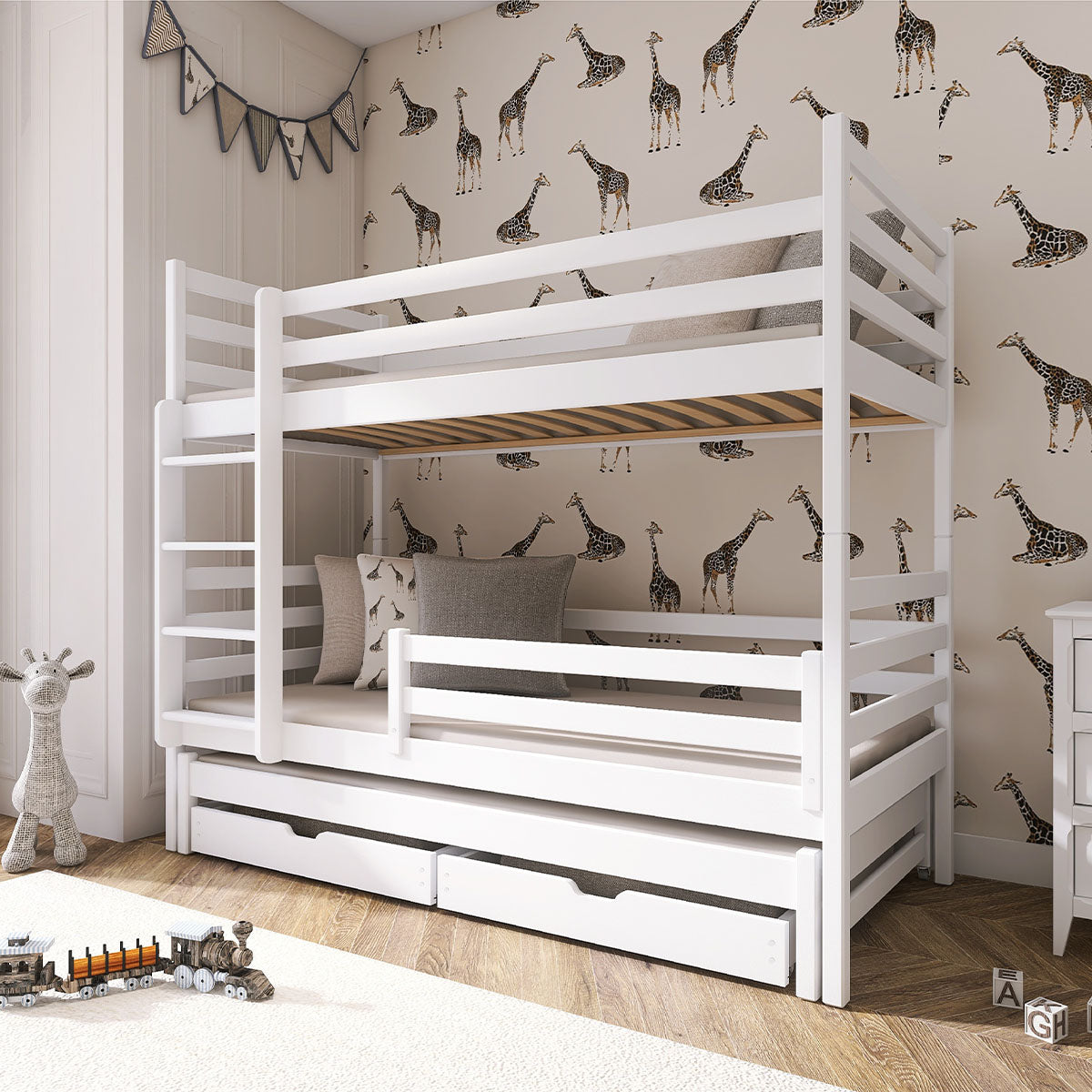Lit superposé 90x200 sommier lit gigogne et tiroirs inclus Léo Blanc