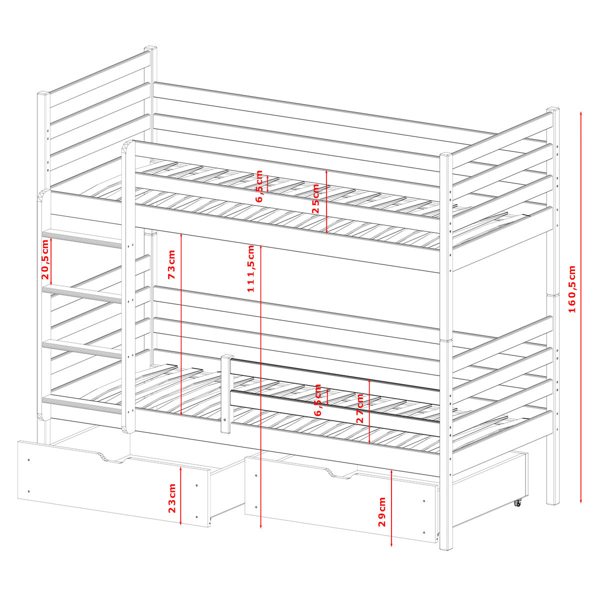 Lit superposé 90x200 sommier et tiroirs inclus Léo Blanc - vue 7