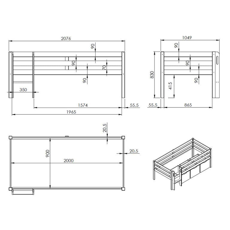 Lit mi-hauteur 90x200 sommier inclus Vipack Pino Blanc