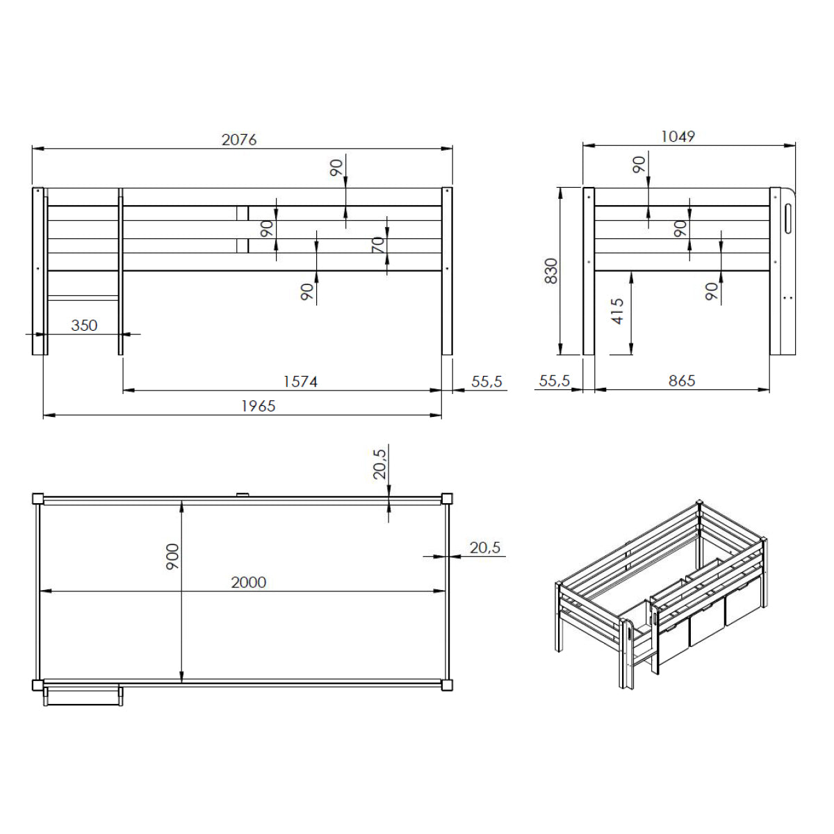 Lit mi-hauteur 90x200 sommier inclus Vipack Pino Blanc - vue 4