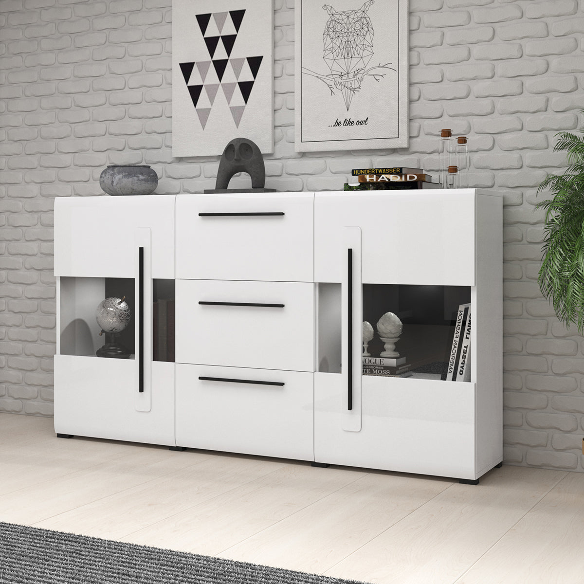 Buffet 2 portes 3 tiroirs avec LED Louis Blanc - vue 3