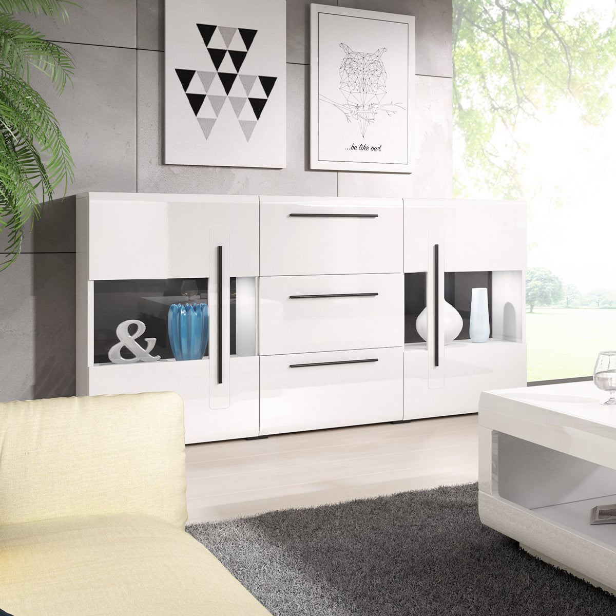 Buffet 2 portes 3 tiroirs avec LED Louis Blanc - vue 4