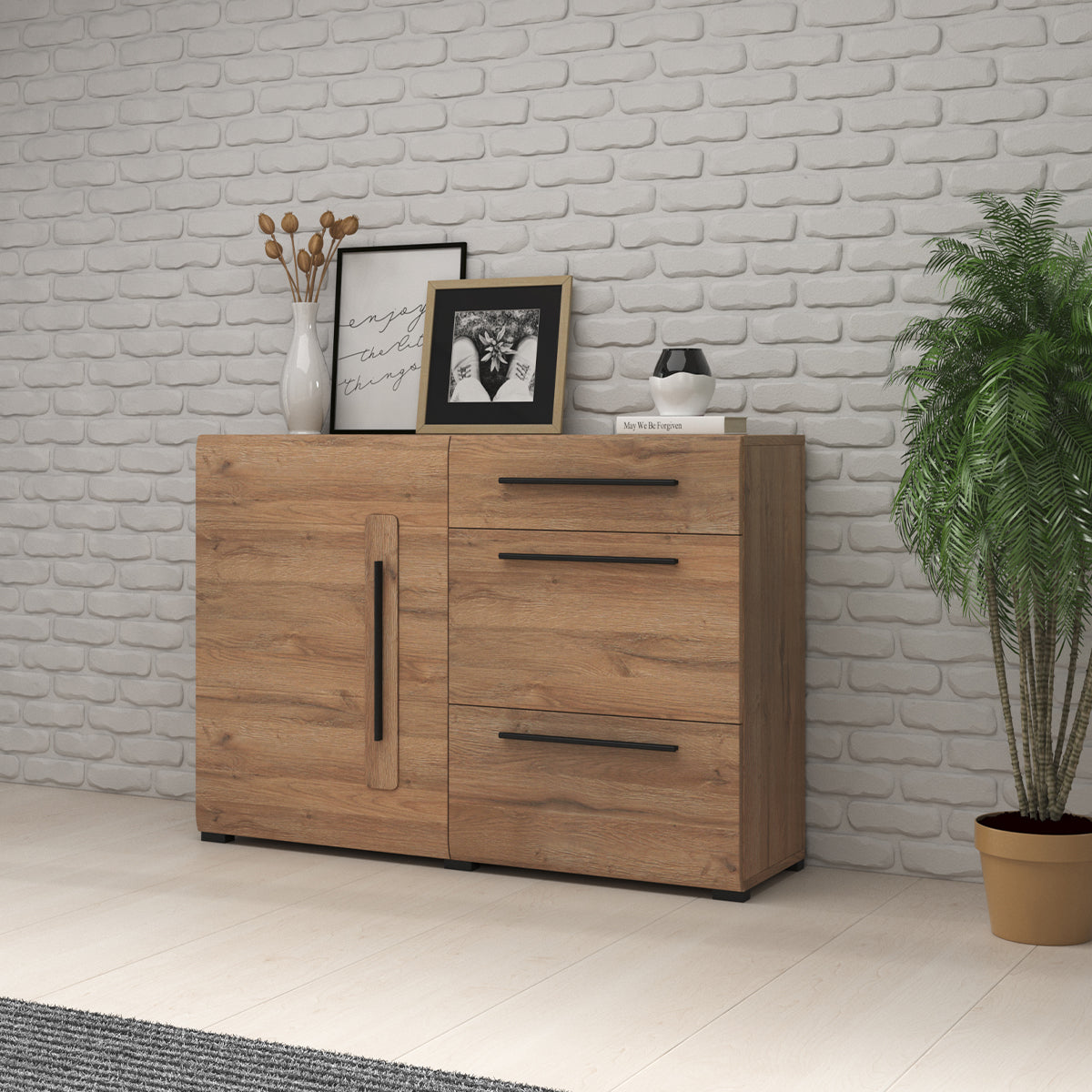 Buffet 1 porte 3 tiroirs Louis Bois - vue 2