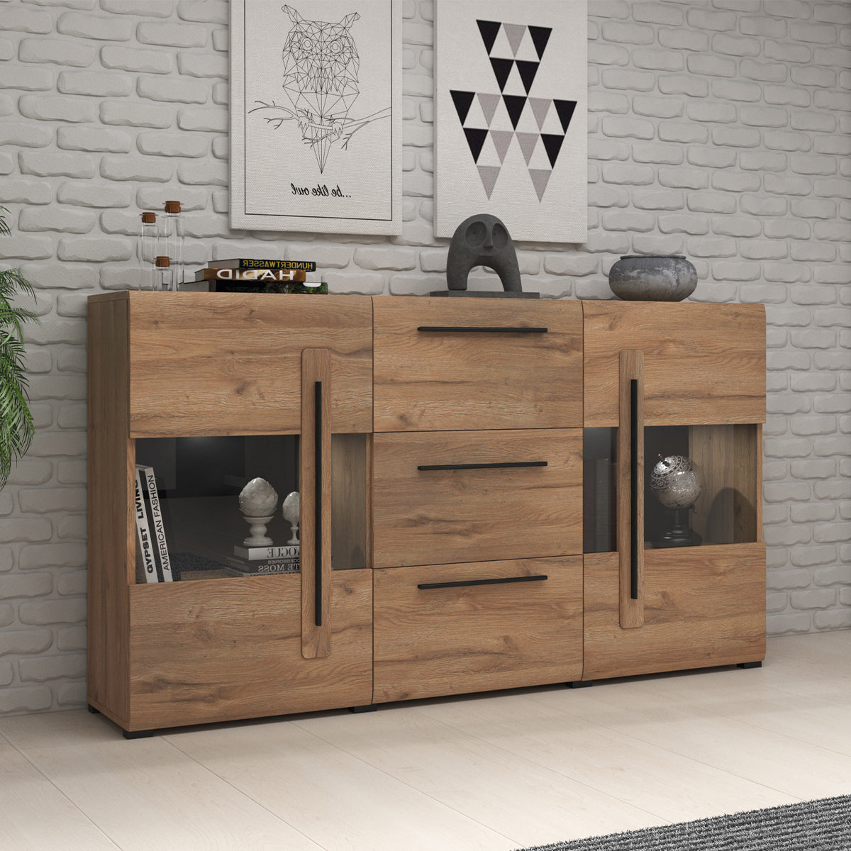 Buffet 2 portes 3 tiroirs avec LED Louis Bois - vue 2