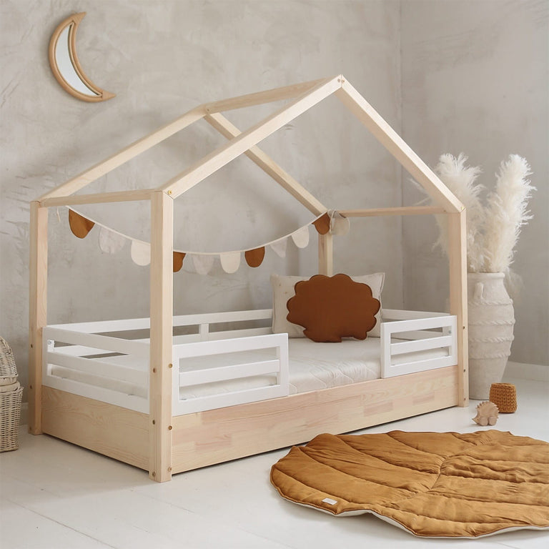 Lit cabane 90x200 barrières et sommier inclus pieds 1 cm Lucile Bois et blanc - vue 3