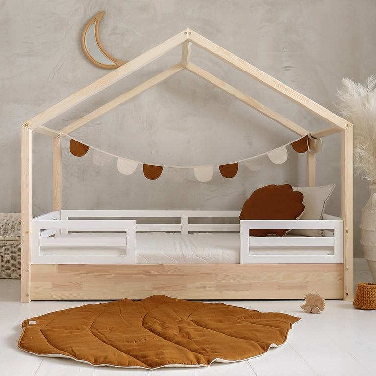 Lit cabane 90x200 barrières et sommier inclus pieds 1 cm Lucile Bois et blanc