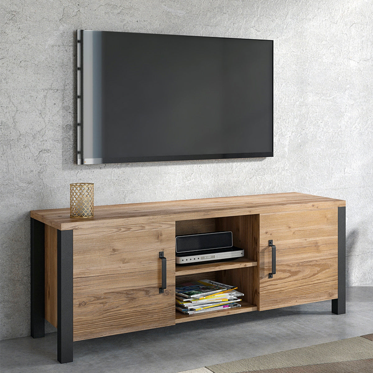 Meuble TV 2 portes 147 cm Lyam Bois et Noir - vue 4