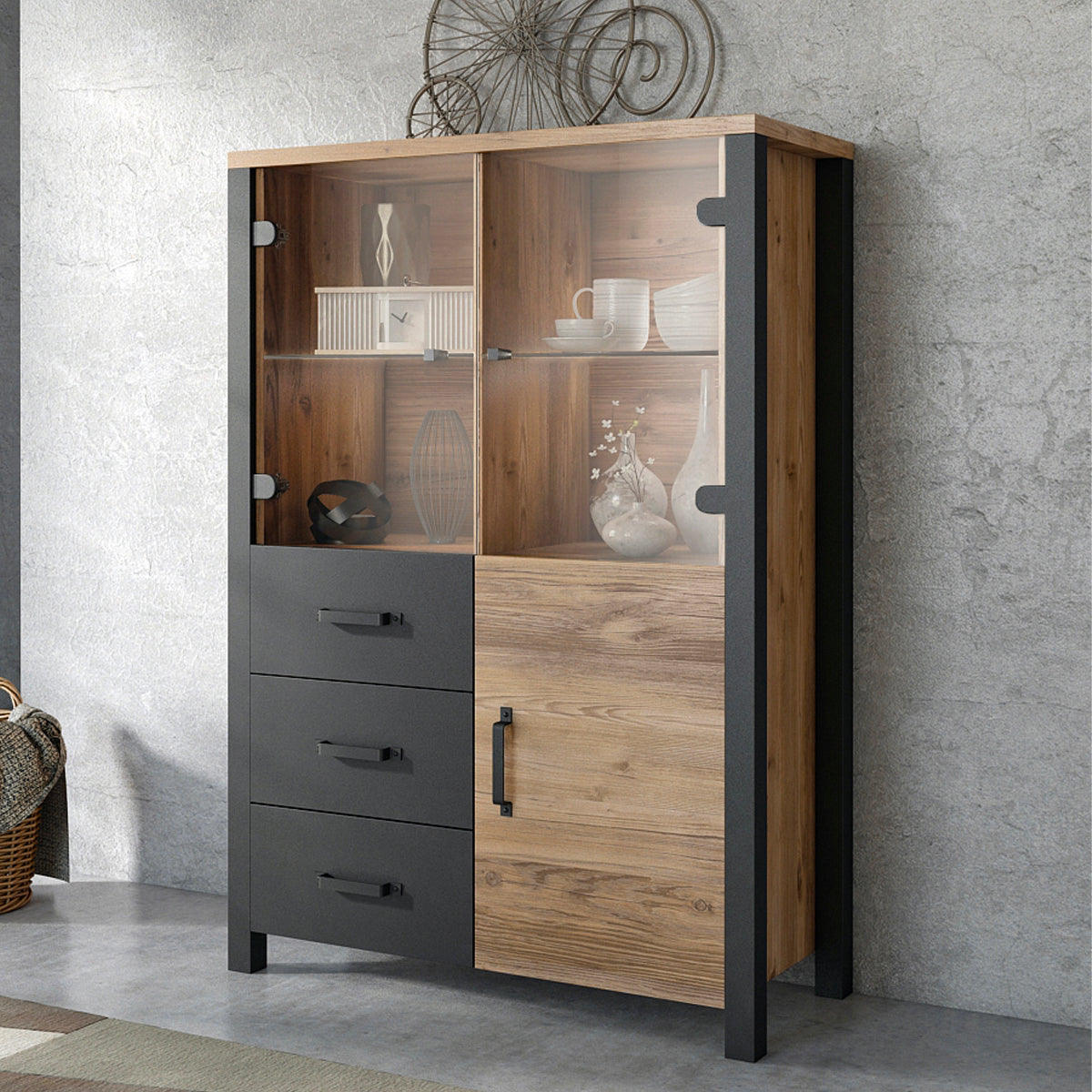 Vaisselier 3 portes 3 tiroirs Lyam Bois et Noir - vue 4