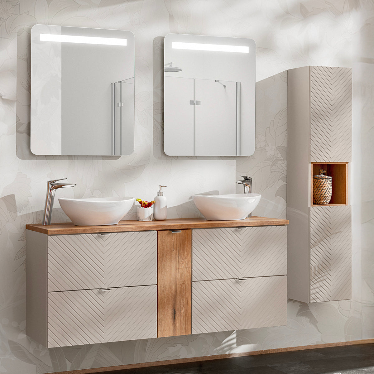 Meuble double vasque 140cm 4 tiroirs 1 porte Manoa Cachemire et bois - vue 4