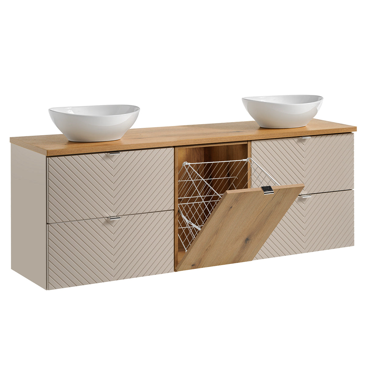 Meuble double vasque 160cm 4 tiroirs panier à linge Manoa Cachemire et Bois