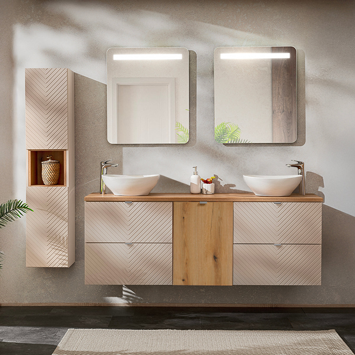Meuble double vasque 160cm 4 tiroirs panier à linge Manoa Cachemire et Bois - vue 4