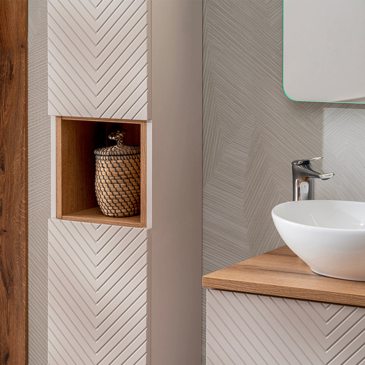 Ensemble meuble simple vasque 80cm 2 tiroirs miroir LED et colonne Manoa Cachemire et Bois - vue 9