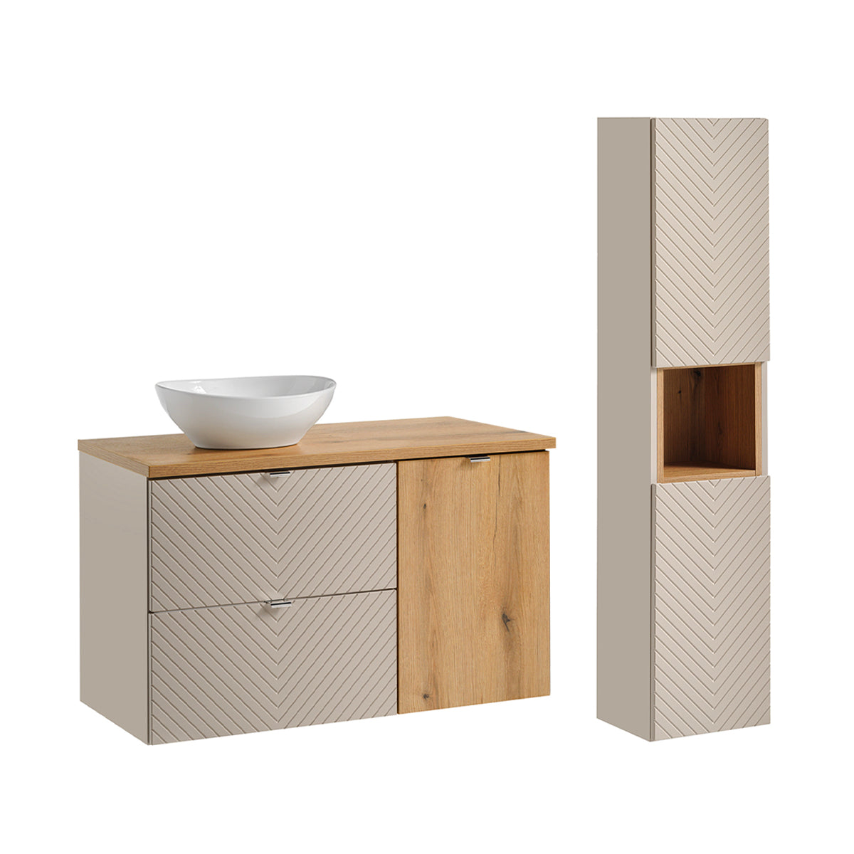 Ensemble meuble simple vasque 100cm 2 tiroirs panier à linge et colonne Manoa Cachemire et Bois - vue 2