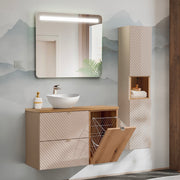 Ensemble meuble simple vasque 100cm 2 tiroirs panier à linge et colonne Manoa Cachemire et Bois