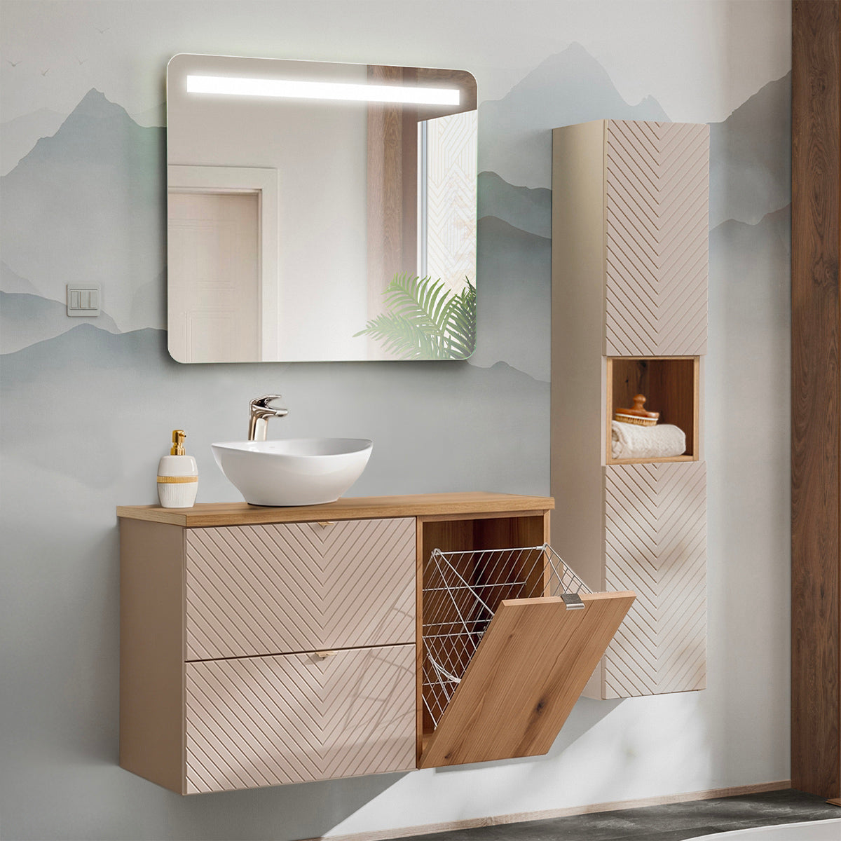 Ensemble meuble simple vasque 100cm 2 tiroirs panier à linge et colonne Manoa Cachemire et Bois