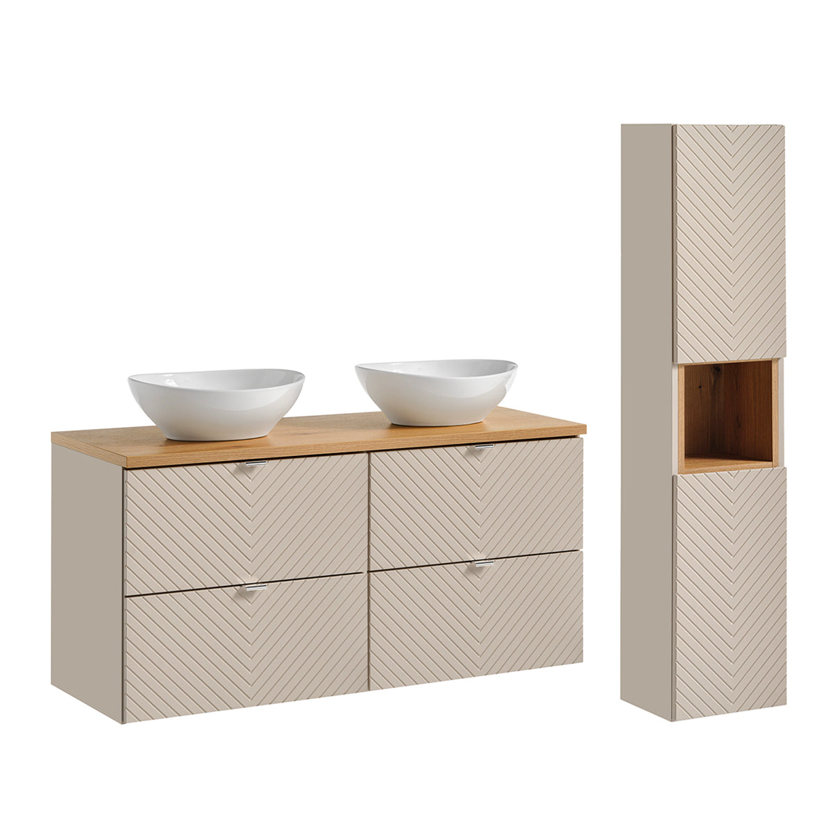 Ensemble meuble double vasque 120cm 4 tiroirs et colonne Manoa Cachemire et Bois - vue 2
