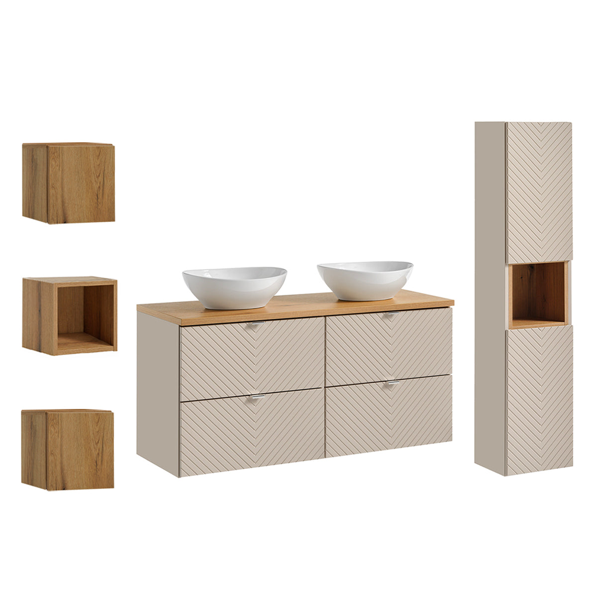 Ensemble meuble double vasque 120cm 4 tiroirs colonne et 3 armoires murales Manoa Cachemire et Bois - vue 2