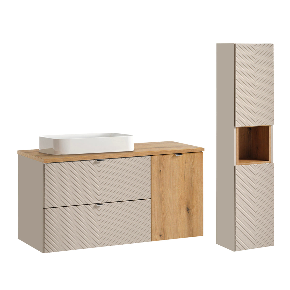 Ensemble meuble simple vasque 120cm 2 tiroirs panier à linge et colonne Manoa Cachemire et Bois - vue 2