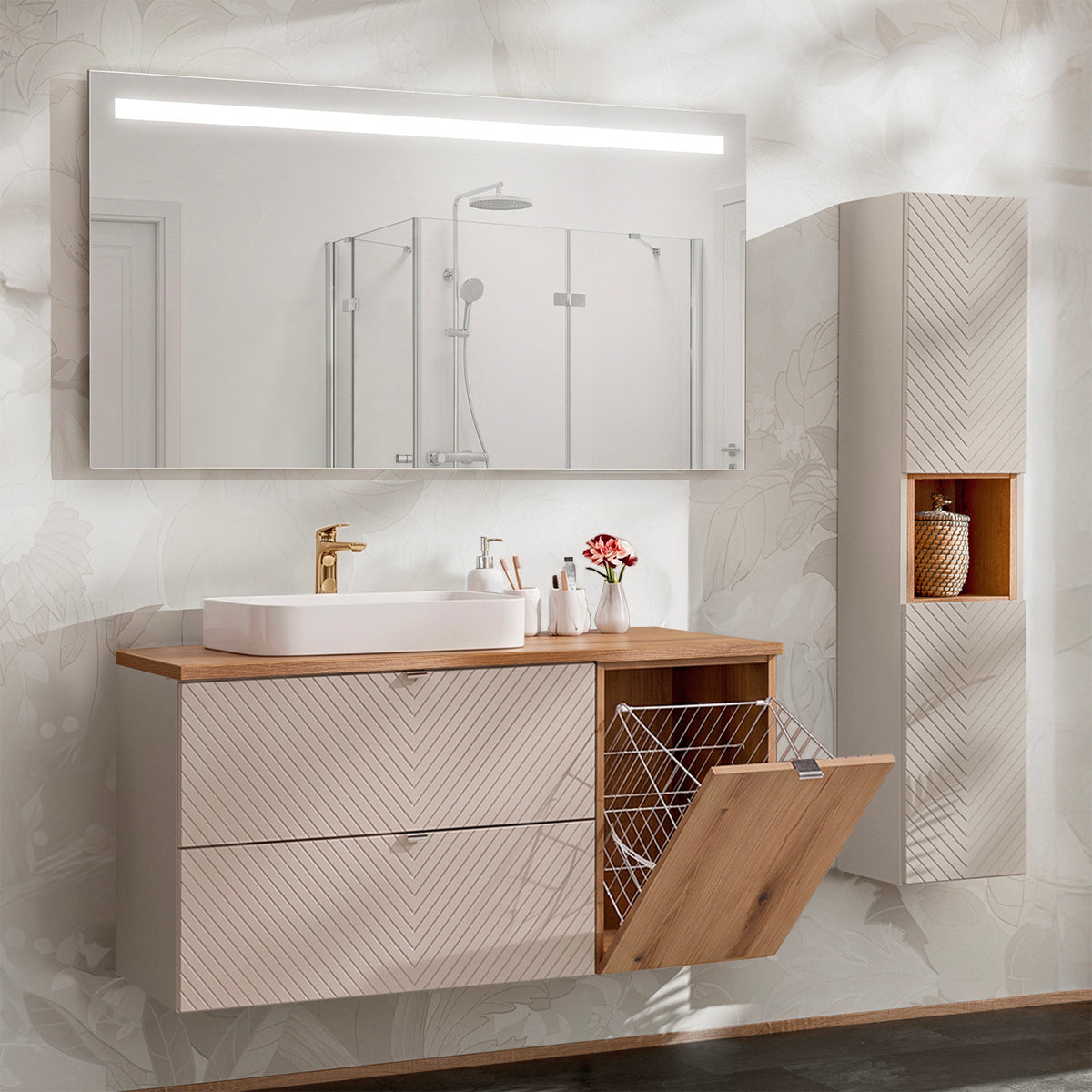 Ensemble meuble simple vasque 120cm 2 tiroirs panier à linge et colonne Manoa Cachemire et Bois