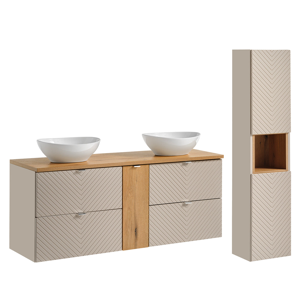 Ensemble meuble double vasque 140cm 4 tiroirs 1 porte et colonne Manoa Cachemire et bois - vue 2