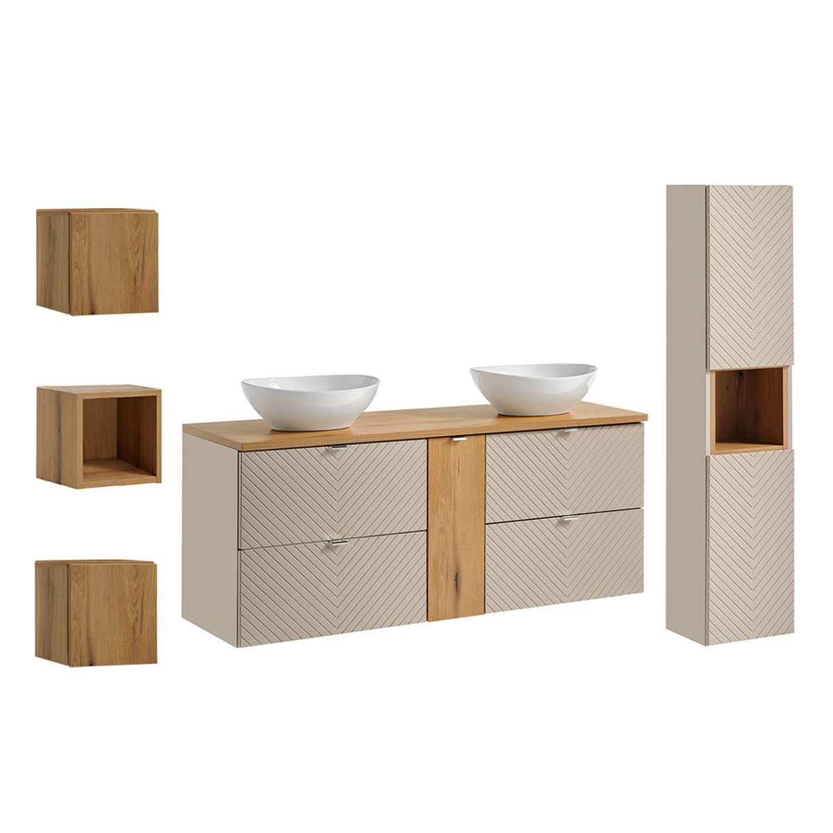 Ensemble meuble double vasque 140cm 4 tiroirs colonne et 3 armoires murales Manoa Cachemire et Bois - vue 2