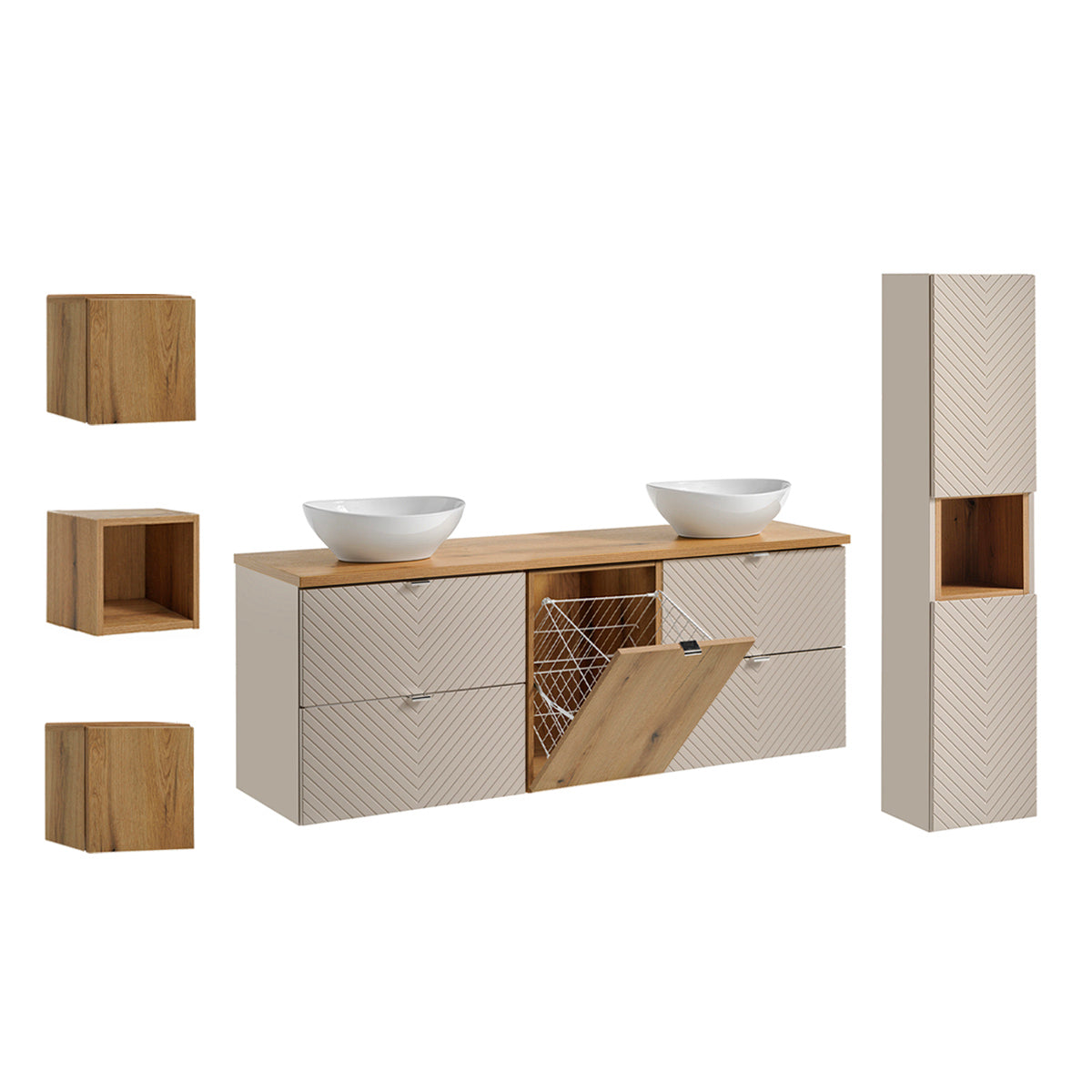 Ensemble meuble double vasque 160cm 4 tiroirs colonne et 3 armoires murales Manoa Cachemire et Bois