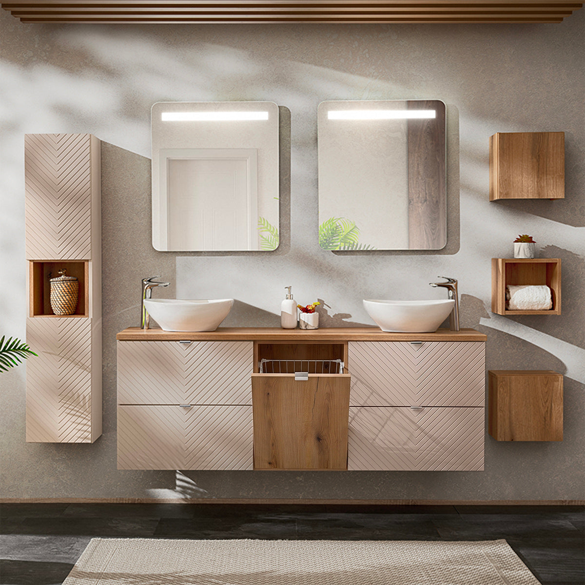 Ensemble meuble double vasque 160cm 4 tiroirs miroirs LED colonne et 3 armoires murales Manoa Cachemire et Bois