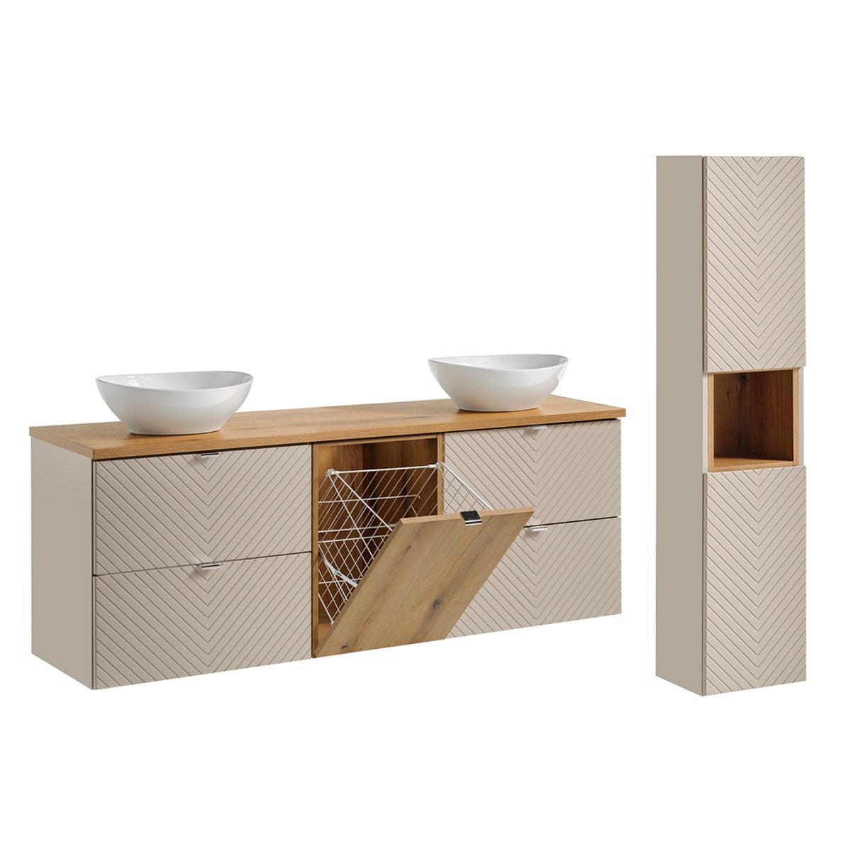 Ensemble meuble double vasque 160cm 4 tiroirs panier à linge et colonne Manoa Cachemire et Bois