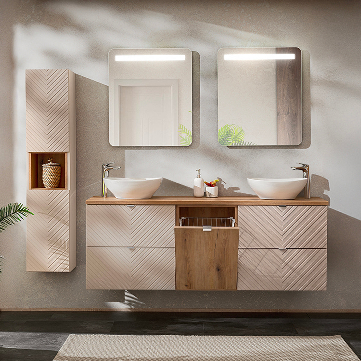 Ensemble meuble double vasque 160cm 4 tiroirs panier à linge et colonne Manoa Cachemire et Bois