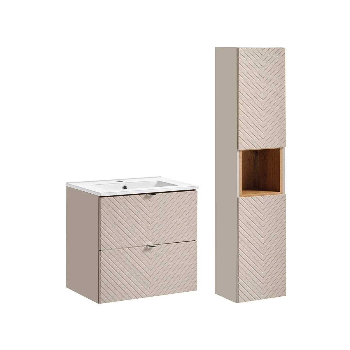 Ensemble meuble simple vasque encastrée 60cm 2 tiroirs et colonne Manoa Cachemire et Bois - vue 2