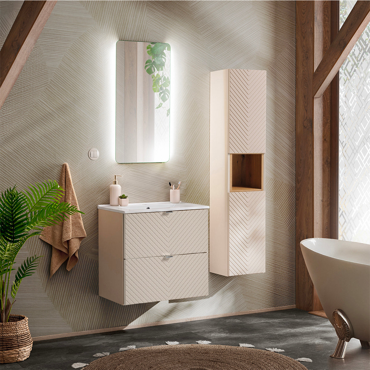 Ensemble meuble simple vasque encastrée 60cm 2 tiroirs et colonne Manoa Cachemire et Bois