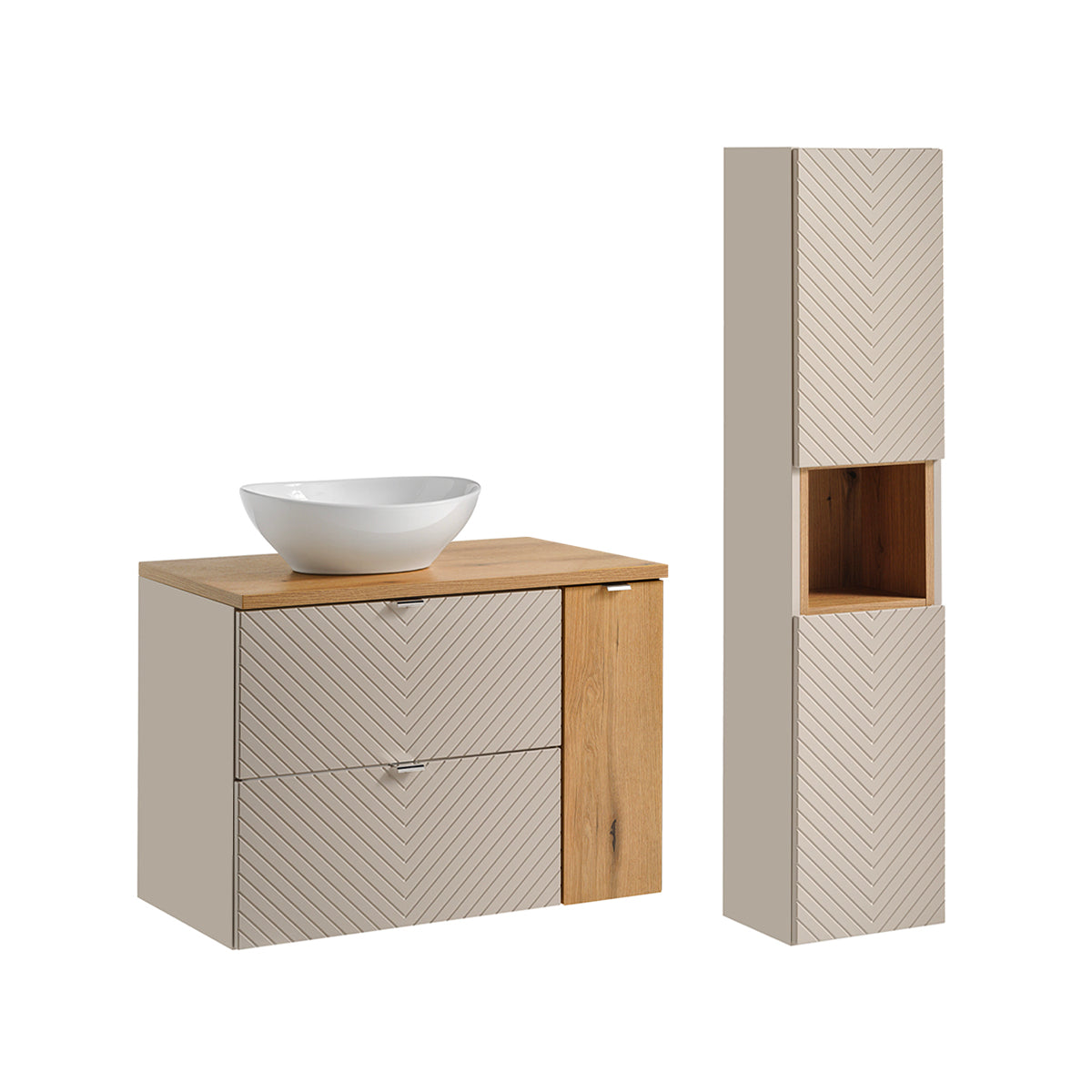 Ensemble meuble simple vasque 80cm 2 tiroirs 1 porte et colonne Manoa Cachemire et bois - vue 2
