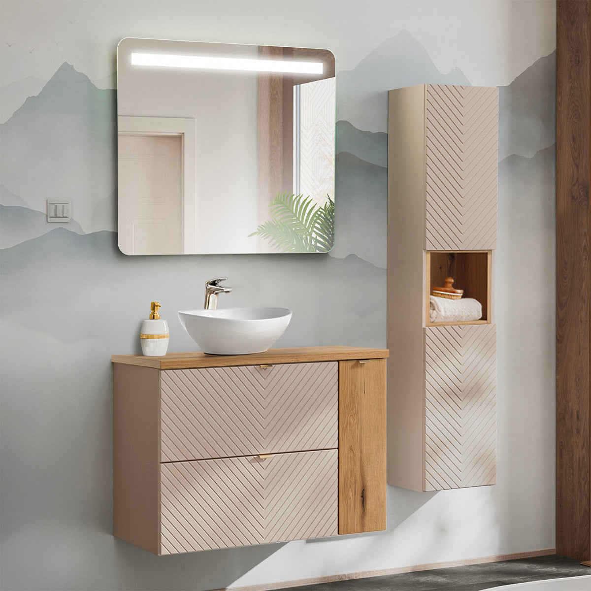 Ensemble meuble simple vasque 80cm 2 tiroirs 1 porte et colonne Manoa Cachemire et bois