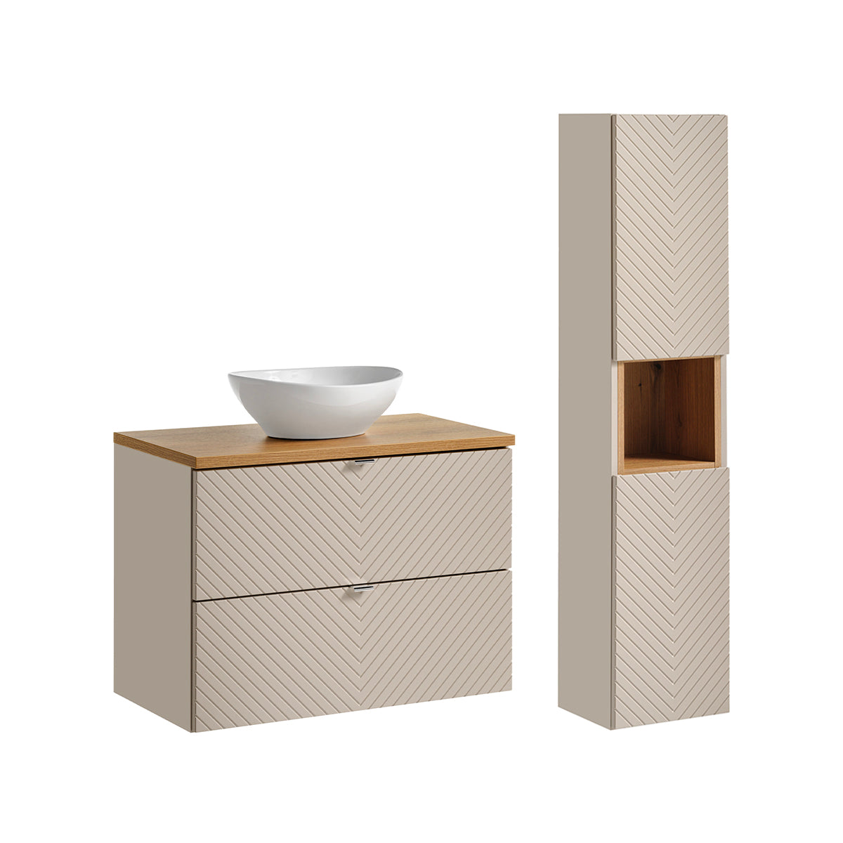 Ensemble meuble simple vasque 80cm 2 tiroirs et colonne Manoa Cachemire et Bois - vue 2