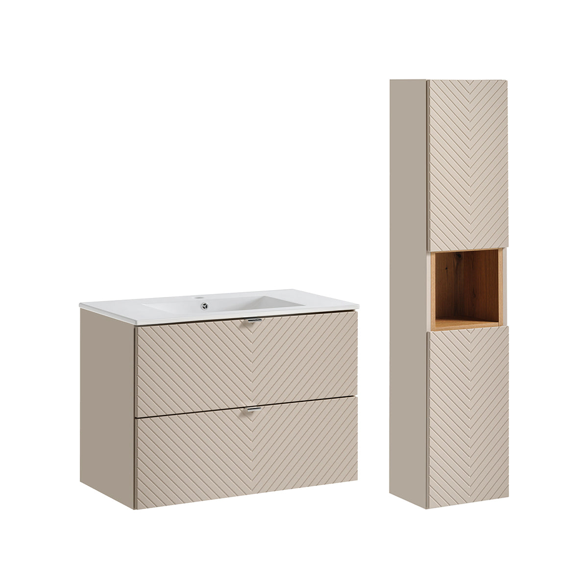Ensemble meuble simple vasque encastrée 80cm 2 tiroirs et colonne Manoa Cachemire et Bois - vue 2